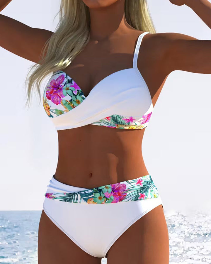 Draxina - Bikini femme imprimé floral contrasté à fines bretelles
