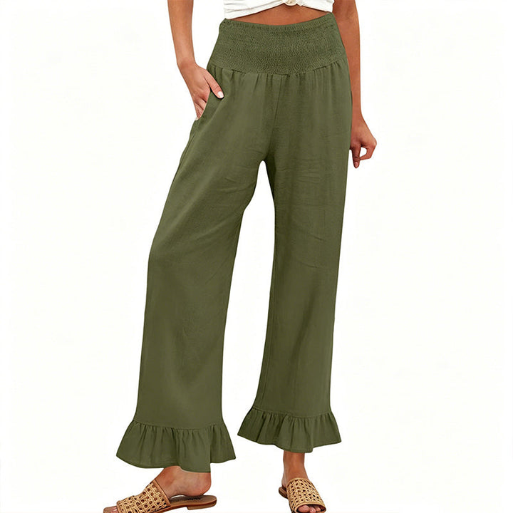 Dorexa - Pantalon femme taille haute smockée large coton lin boho