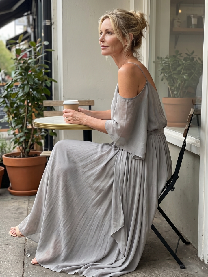 Marisol | Haut à épaule dénudée en drapé superposé et ensemble pantalon large