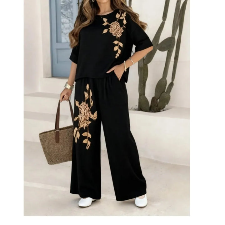 Felena | Ensemble de Pantalons Élégants à Jambe Large Brodés Rétro