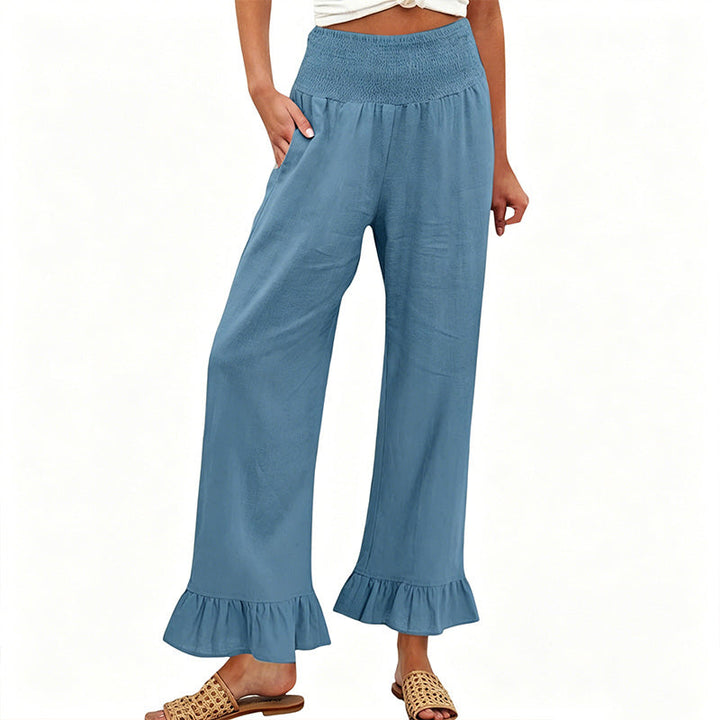 Dorexa - Pantalon femme taille haute smockée large coton lin boho