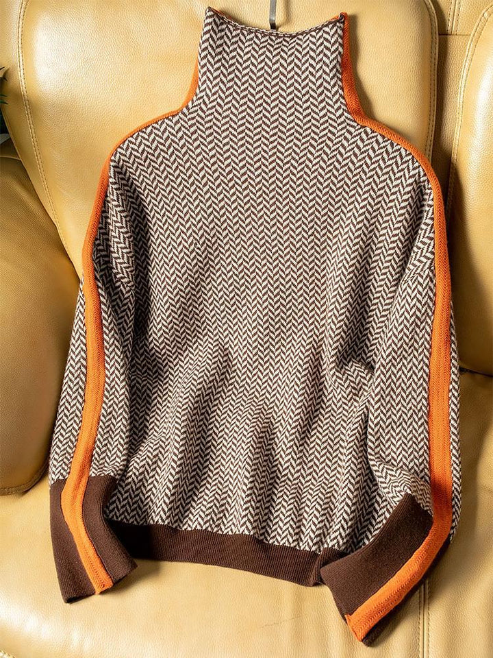 Marivelle™ - Pull à col montant pour femme avec rayures contrastées