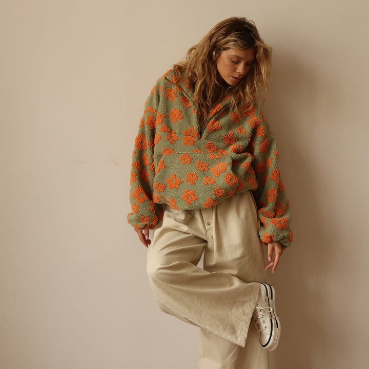 Jovira™ - Sweat en polaire sherpa avec fleurs boho et coupe oversize